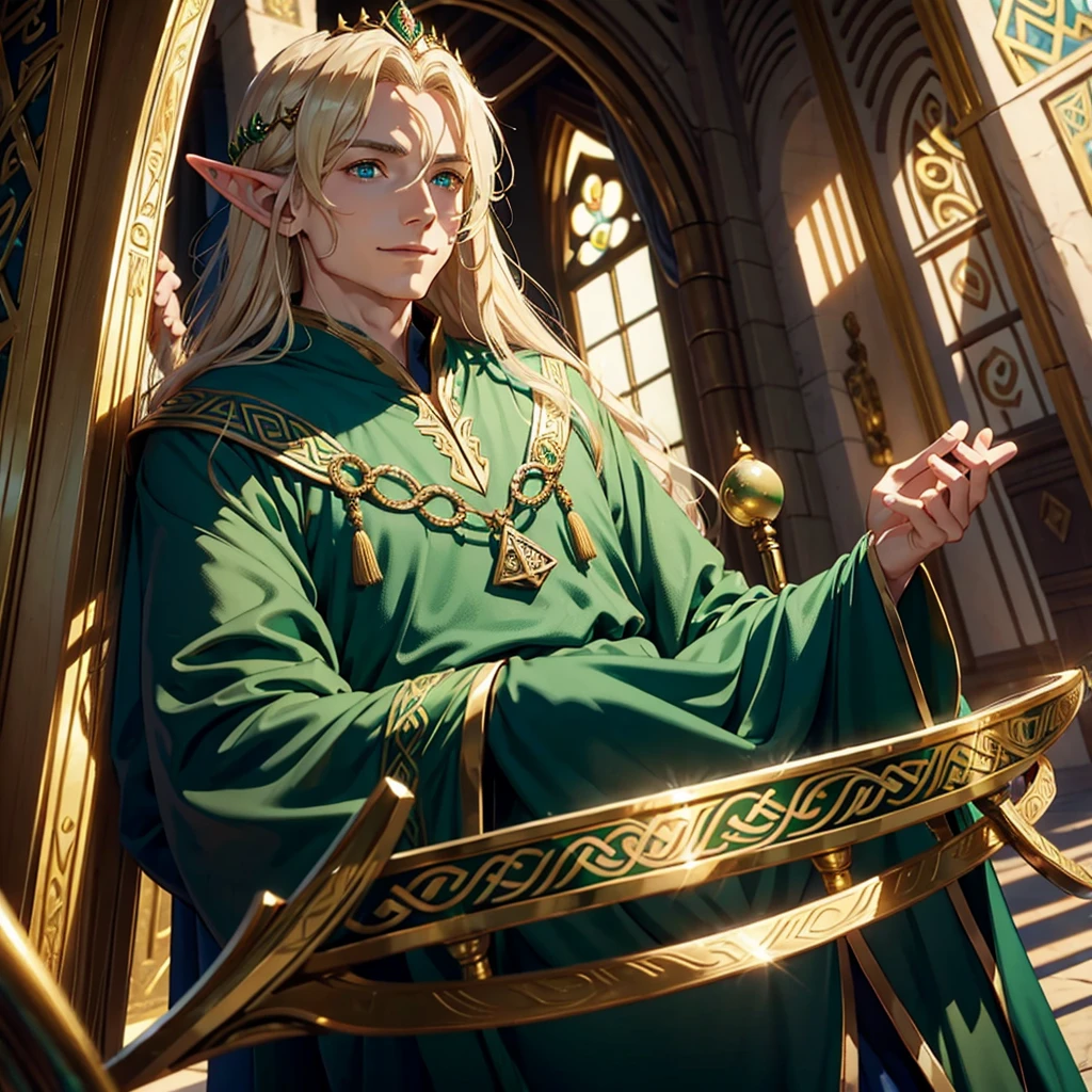 man, elf, almond-shaped green eyes, graceful facial features, Diadem, silk long blue robes, long golden hair, A wise look, smile, Lord of the Rings, Celtic god