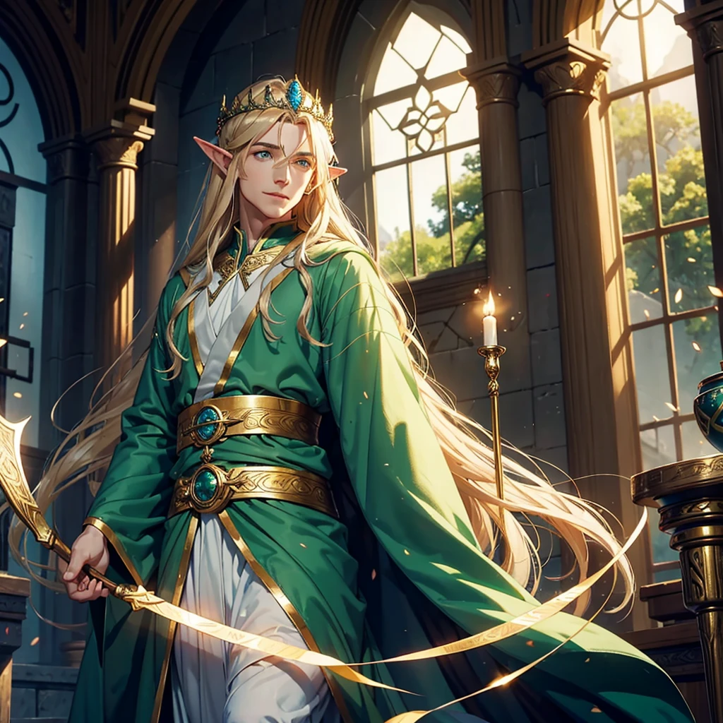 man, elf, almond-shaped green eyes, graceful facial features, Diadem, silk long blue robes, long golden hair, A wise look, smile, Lord of the Rings, Celtic god