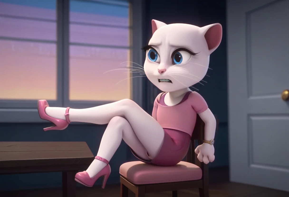 1 girl, cat, white fur, long whiskers on both sides of the face, large bright blue eyes, large black eyelashes, small pink nose, triangular ears with pink channels. There are high-heeled shoes. 1 girl and 1 boy. side view legs man opens chair legs woman sits on man's lap with her legs crossed having sex.fucking penis in anus rape rape is displayed above. crossed legs sex.kıç fucking