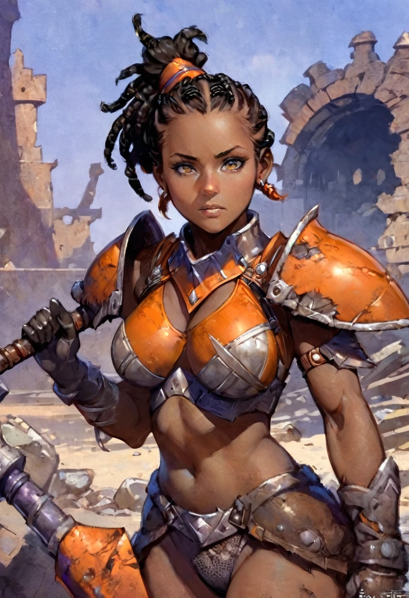 fr4z3tt4, Portrait of African woman, xlsanaa woman, with (short black dreadlocks), black hair pulled back, wearing a (heavy orange mechanical armor, power armor covering her chest and arms, orange breast plate) with large (round orange shoulder pads), chipped paint, (visible wires and gears connect the shoulder pads to the armored gloves). a [dark green undersuit:0.5] visible between the armor pieces. (Barbarian fur). Castle ruins background, large broken stones litter the area. Show her holding a large warhammer in both hands,. super high quality, super high detail, masterpiece, 4k, 8k, HDR, masters of the universe

