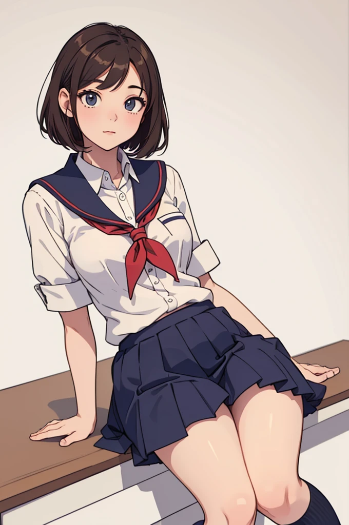 (((masterpiece, best quality, ultra highres, 1 girl, solo, no background))), super detailed skin and face and eyes and finger, young delicate girl, cute girl, very cute japanese woman, small breasts:1.5, skinny, light brown hair, white background, very short pixie hair, cowboy shot, Generate with illustrations, Various expressions, Various poses, Please draw the entire character within the frame, ensuring that the head, arms, and legs are not cut off. The background should be simple, with the character positioned centrally, outline, anime, 2d, boyish, (School uniform: 1.5), Baggy socks, (Beautiful thighs: 1.0),belly:1.2, spread legs,