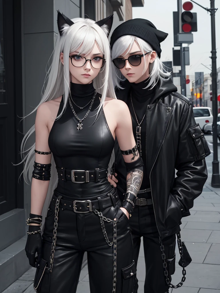 1. **Hair**: Shoulder-length white hair, slightly messy and wavy. In a human version, it can be depicted as naturally white hair, styled to appear tousled and a bit unkempt, adding to a rebellious look.

2. **Eyes and Glasses**: The character wears round glasses. For the human version, the glasses can be stylish, thin-framed, black round glasses that add a touch of intellectual charm.

3. **Head Accessories**: The character has cat ears. For a human interpretation, a black headband with cat ears could be worn or a black beanie that mimics the shape of cat ears.

4. **Outfit**: The character is dressed in an all-black outfit.
    - **Top**: A black sleeveless top with chains and strap details. This could translate into a black sleeveless shirt or tank top with chain and strap embellishments.
    - **Arm Accessories**: The character wears arm bands or straps. In human form, these could be black leather wristbands or armbands.
    - **Pants**: Black pants with multiple belts and pockets. The human version could wear black cargo or tactical pants with similar belt and pocket designs.
    - **Footwear**: Black boots. This can be directly translated into black combat boots or high-top sneakers.

5. **Chains and Accessories**: The character has several chains as part of the outfit. The human version can include silver chains worn as necklaces or belt decorations.

6. **Overall Style**: The overall style is a mix of goth and streetwear, with a touch of cyberpunk. The human version should maintain this edgy and rebellious aesthetic, emphasizing the dark color palette and detailed accessories.