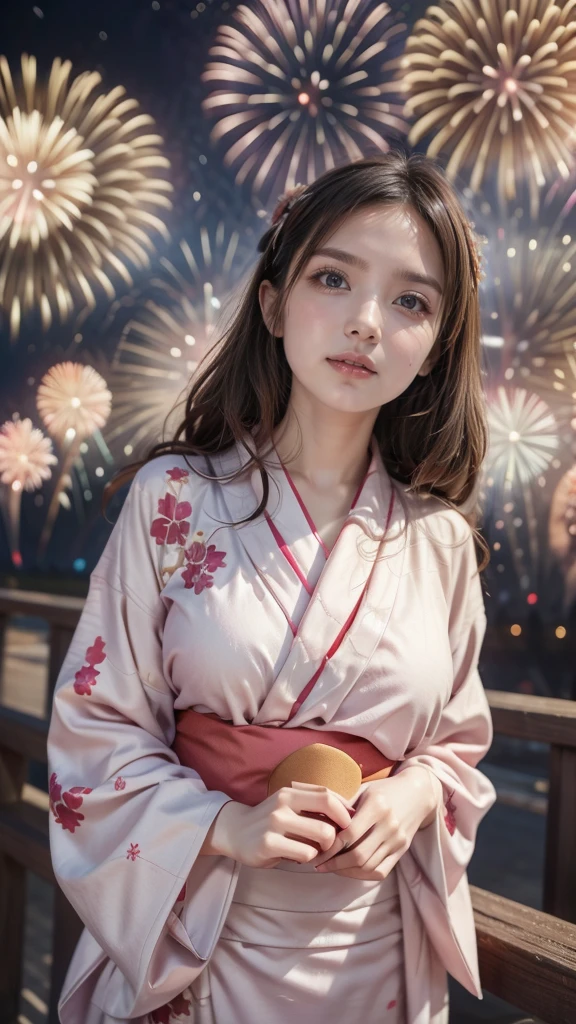 ((looking up at the fireworks:1.5)),((clothed:1.5),(japanese yukata:1.5)),(random hairstyle),(Thin type:1.5),(large breasts:1.5),(Highest image quality,(8K), Ultra-realistic, Best Quality, High quality, High Definition, high quality texture, high detailing, Beautiful detailed, fine detailed, extremely details CG, Detailed texture, realistic representation of face, masterpiece, presence)