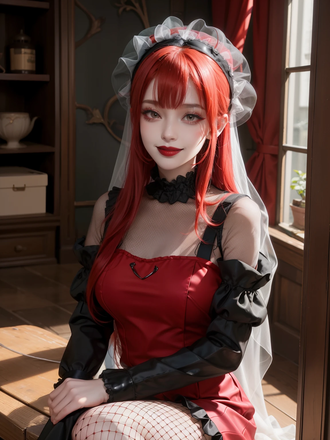 woman, bright red hair, bangs, fishnets, mesh, head veil, long sleeves, ruffle trim, black lips, black lipstick, indoors, sitting, grin