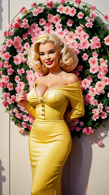 Jayne Mansfield wearing clothes made of sexy flowers with painted lips and smiling