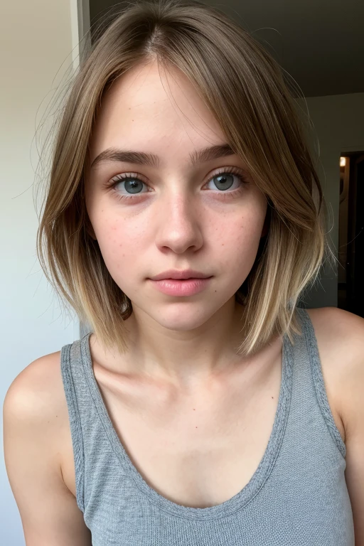19 yo blonde teen girl . Full lips. Eyes wide. Very short hair, wearing a tank top, well-trained body