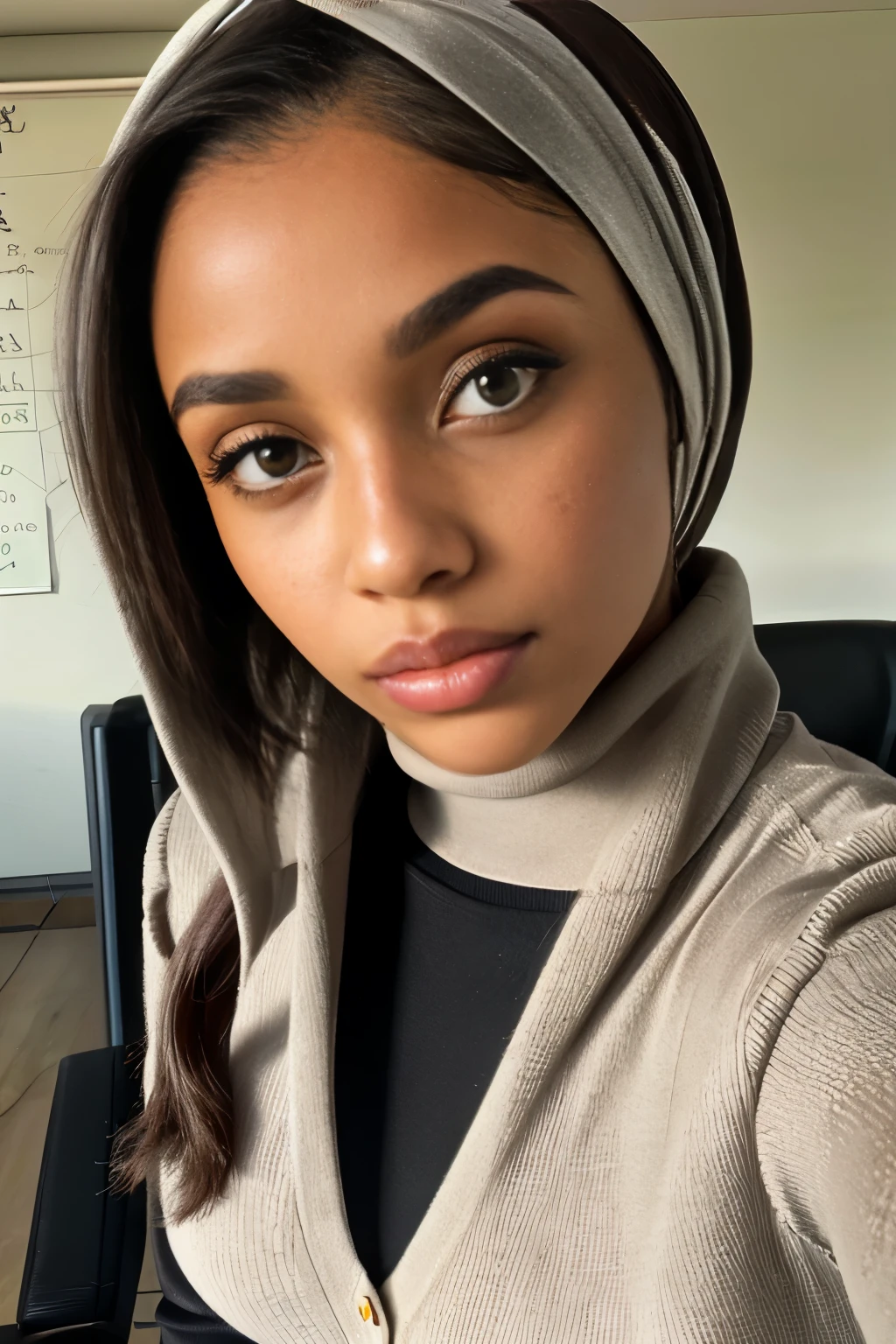Sudanese secretary, close up, bust focus, natural light, posing for picture, greeneyes, fat lower lip, huge bimbo lips, thick lips, dark skin, (headscarf), teacher's clothes, turtleneck, suit pants, long sleeves, freckles