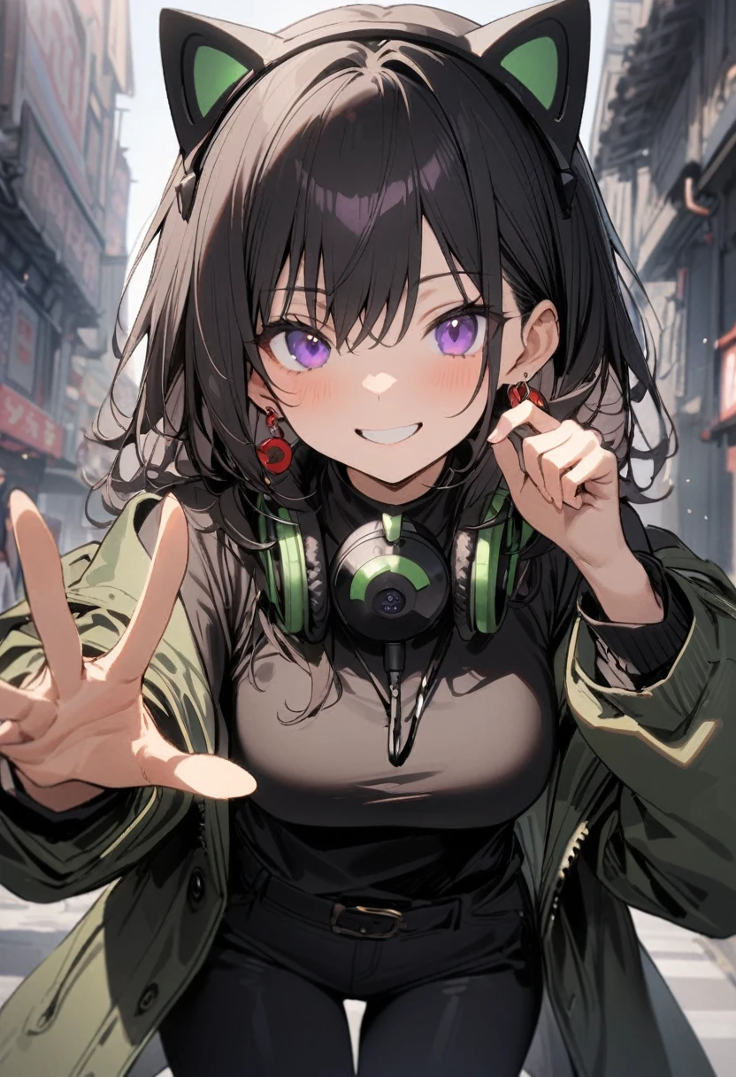 1 girl, long black hair, Purple eyes and narrow, a red Japanese earring, smiling expression, in front of a dubbing microphone wearing a cat headset on your head, one hand next to the headset,girl focus,wearing a black blouse, a green coat around the neck, black pants, masterpiece, best quality, very aesthetic