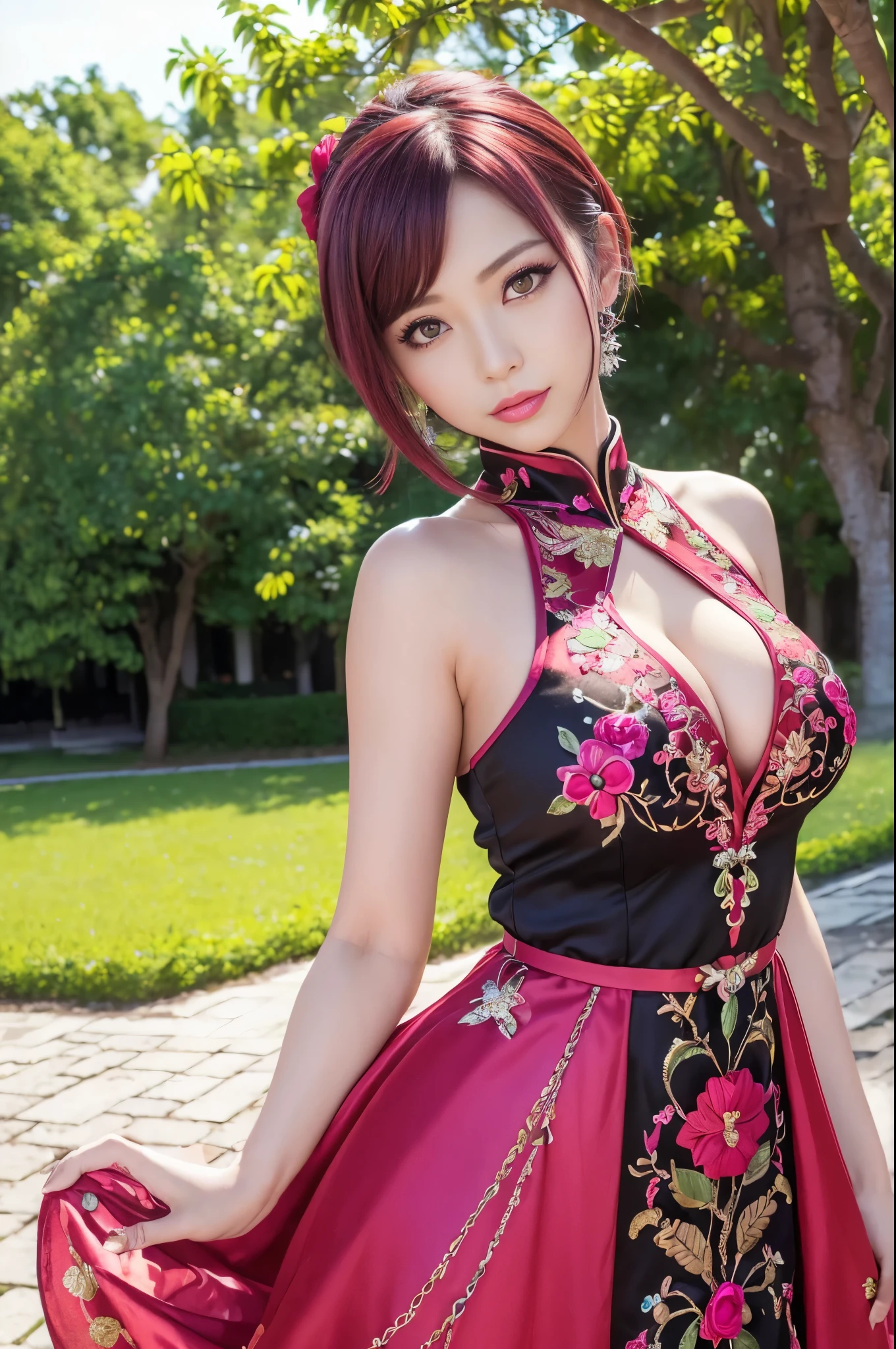 (masterpiece:1.4), (best quality:1.4), ultra high res, ultra high resolution, ((detailed facial features)), HDR, (realistic, photorealistic, photo-realistic:1.37), full body Esbian, sexy Vietnamese model, (-anime), vivid colors, ((vivid colors multicolor (red, fuchsia) very short hair)), (happy smile), lip-gloss, long lashes, beautiful makeup, defined eyebrows, wearing large sparkling colorful jewelery, wearing a red silk Paradise Kiss cosplay dress with black floral embroidery, ((vivid colors outfit)), vivid colors, look at the camera, cinematic light, large park background with trees, sweet and sexy pose