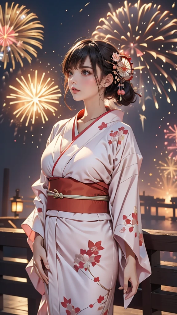 ((looking up at the fireworks:1.5)),((clothed:1.5),(japanese yukata:1.5)),(random hairstyle),(Thin type:1.5),(large breasts:1.5),(Highest image quality,(8K), Ultra-realistic, Best Quality, High quality, High Definition, high quality texture, high detailing, Beautiful detailed, fine detailed, extremely details CG, Detailed texture, realistic representation of face, masterpiece, presence)
