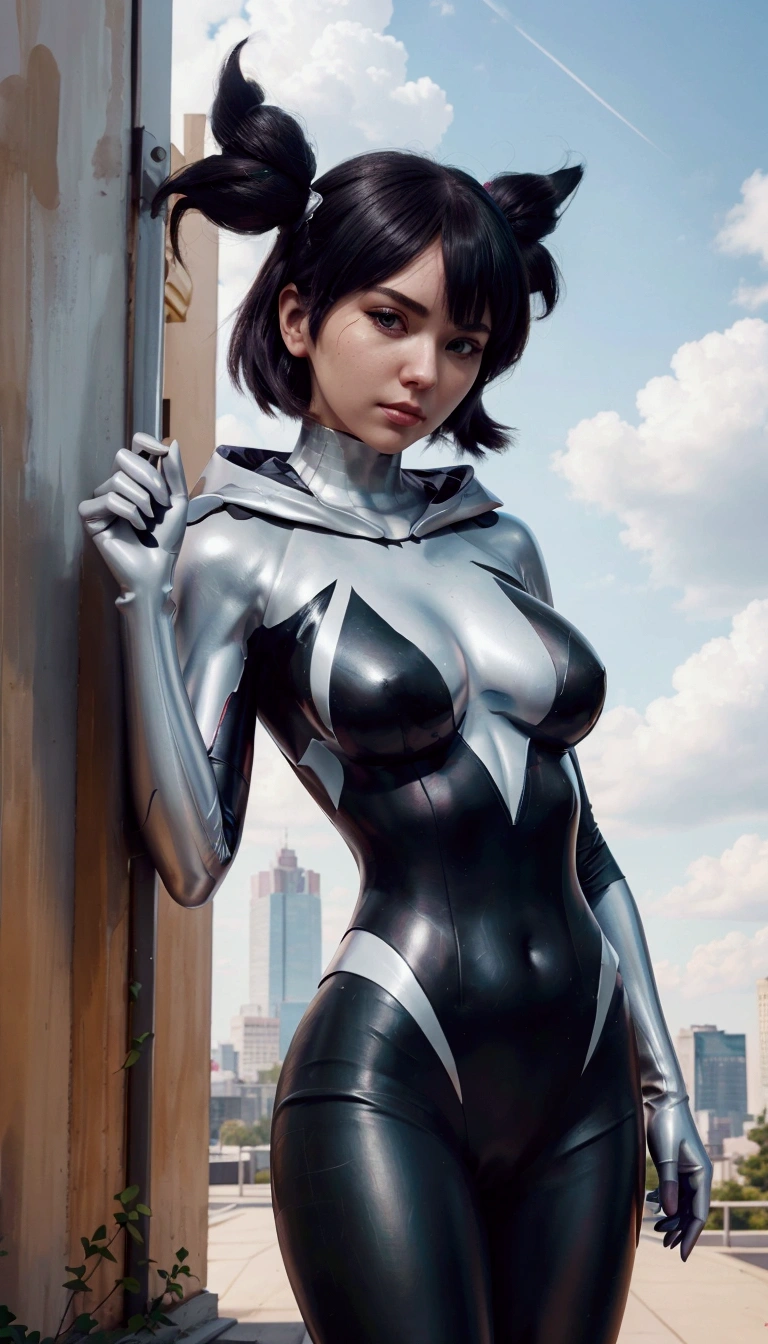 Close-up of a woman in a black and silver suit, Ilya Kuvshinov and ArtJam, ArtJam and Ilya Kuvshinov, Ilya Kuvshinov. 4k yen, extremely detailed ArtJam, Very detailed fan art, style ArtJam, ArtJam style, ig model | ArtJam, Spider-Gwen