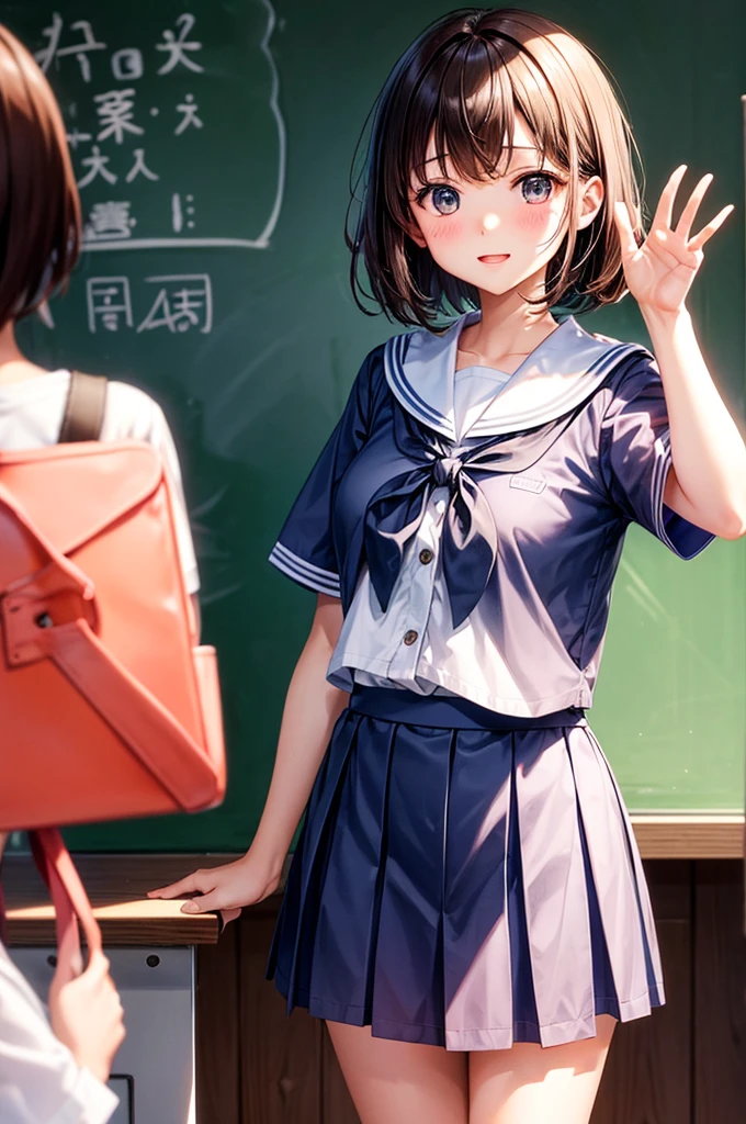 hi-school girl、、summer clothing、、be shy、Very cute、short-hair、Brown hair、gals、Classroom、Hand over the letter、Be red in the face、High five with friends