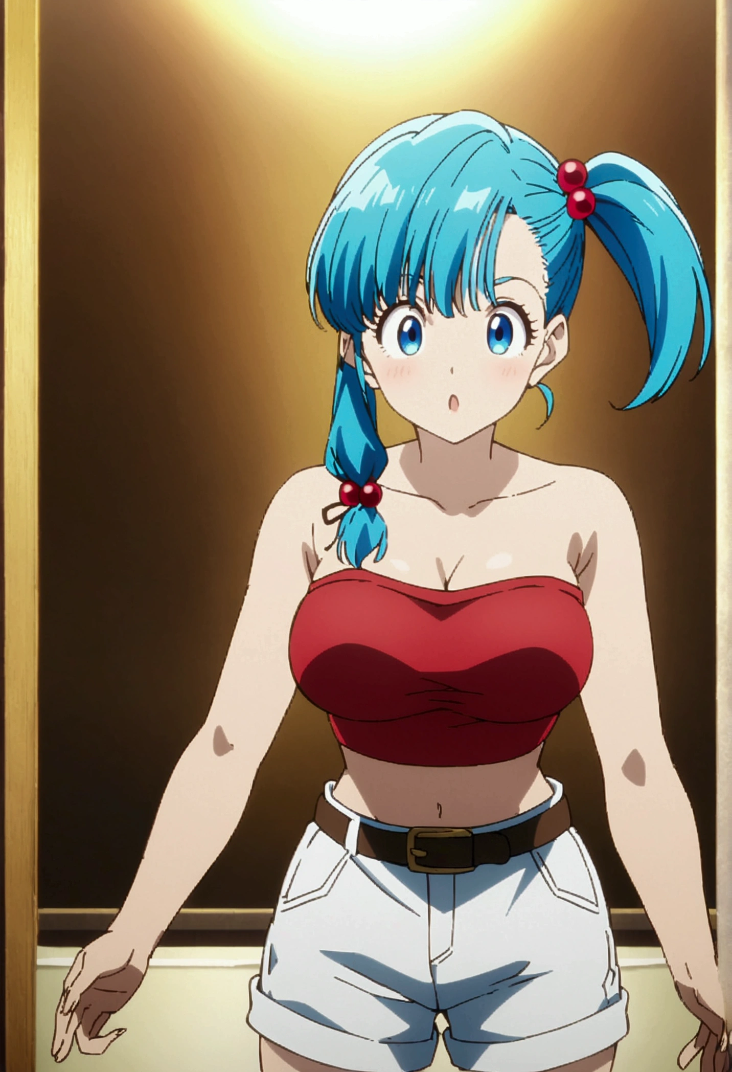  score_9, score_8_up, score_7_up, BREAK  ,from front,1girl,bulma, blue eyes, blue hair,bare shoulders, belt, cleavage, hair bobbles, hair ornament, hair over shoulder, ,large breasts,midriff, navel, one side up, red tube top, shorts, side ponytail, (strapless, tube top,),(,contrapost,standing),(best quality)),(aesthetic,very aesthetic),(beautiful face and body),anime style, key visual,anime_screencap:0.2 , highly detailed,masterpiece, best quality, (best aestethic:1.5) ,,cinematic lighting,great lighting:1.2,,studio anime,sharp focus,depth of field,vibrant colors,
