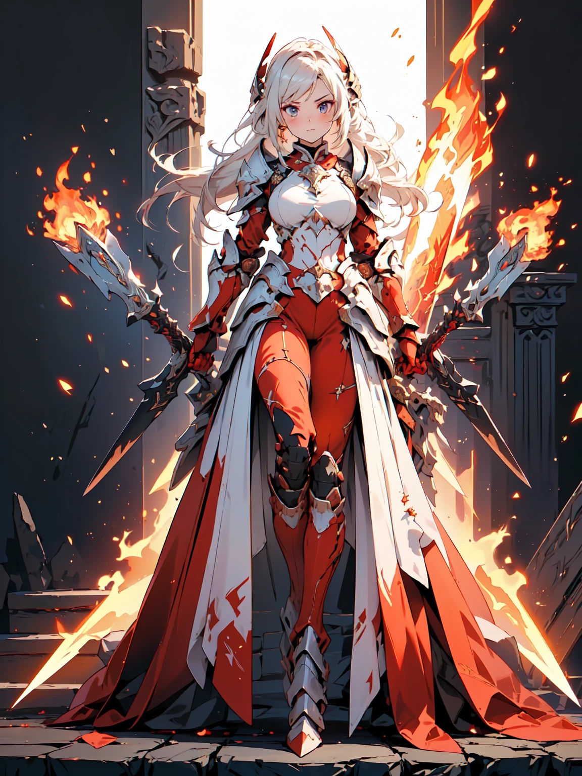 Design a layout showcase Gaming character, (1girl). Gold+Red clothes, fiery and majestic, ((showcase weapon:1.4)), flame whip, (masterpiece:1.2), (best quality), 4k, ultra-detailed, (Step by step design, layout art:1.5), (flaming lighting, fiery setting), fire mage, ((flame gloves)), (((revealing armor:1.3))), flame vambraces, fireproof boots, (((full_body_shot:1.4)))