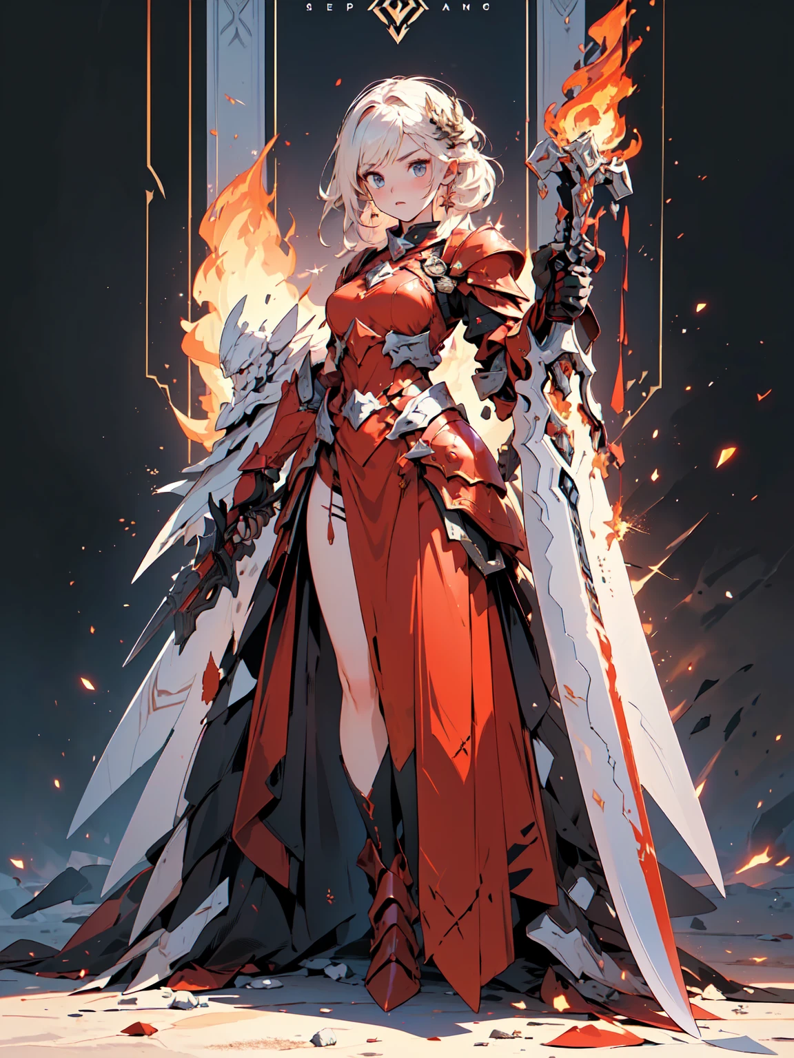 Design a layout showcase Gaming character, (1girl). Gold+Red clothes, fiery and majestic, ((showcase weapon:1.4)), flame whip, (masterpiece:1.2), (best quality), 4k, ultra-detailed, (Step by step design, layout art:1.5), (flaming lighting, fiery setting), fire mage, ((flame gloves)), (((revealing armor:1.3))), flame vambraces, fireproof boots, (((full_body_shot:1.4)))