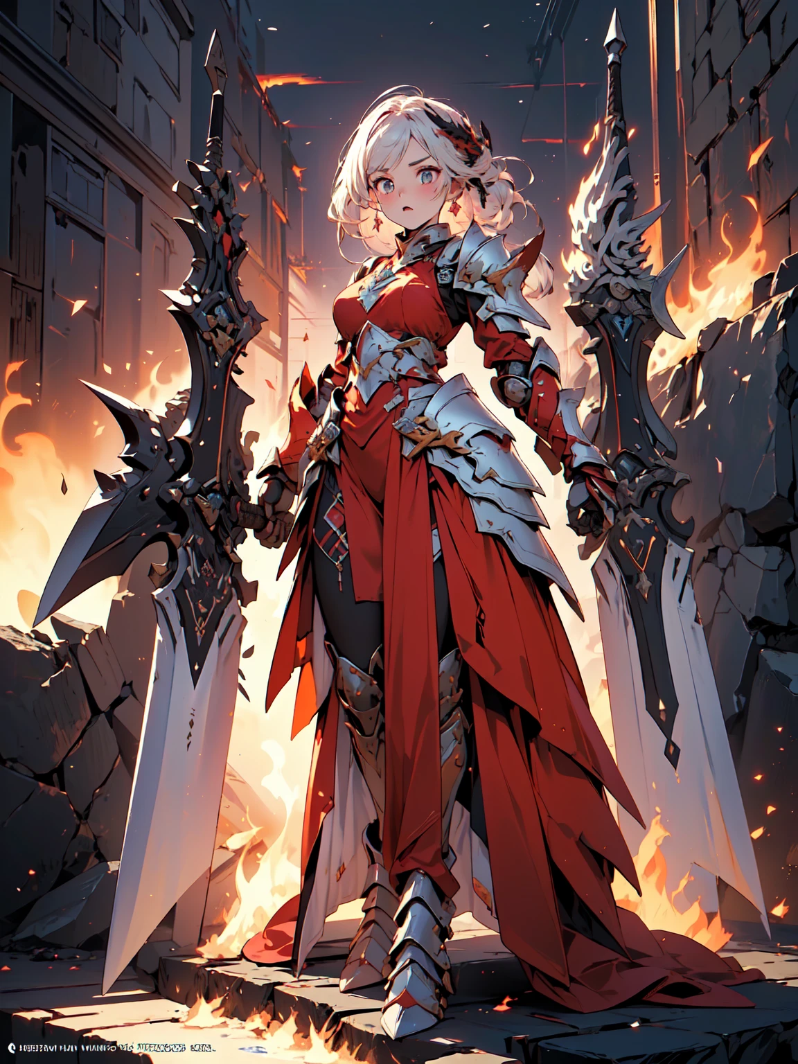 Design a layout showcase Gaming character, (1girl). Gold+Red clothes, fiery and majestic, ((showcase weapon:1.4)), flame whip, (masterpiece:1.2), (best quality), 4k, ultra-detailed, (Step by step design, layout art:1.5), (flaming lighting, fiery setting), fire mage, ((flame gloves)), (((revealing armor:1.3))), flame vambraces, fireproof boots, (((full_body_shot:1.4)))