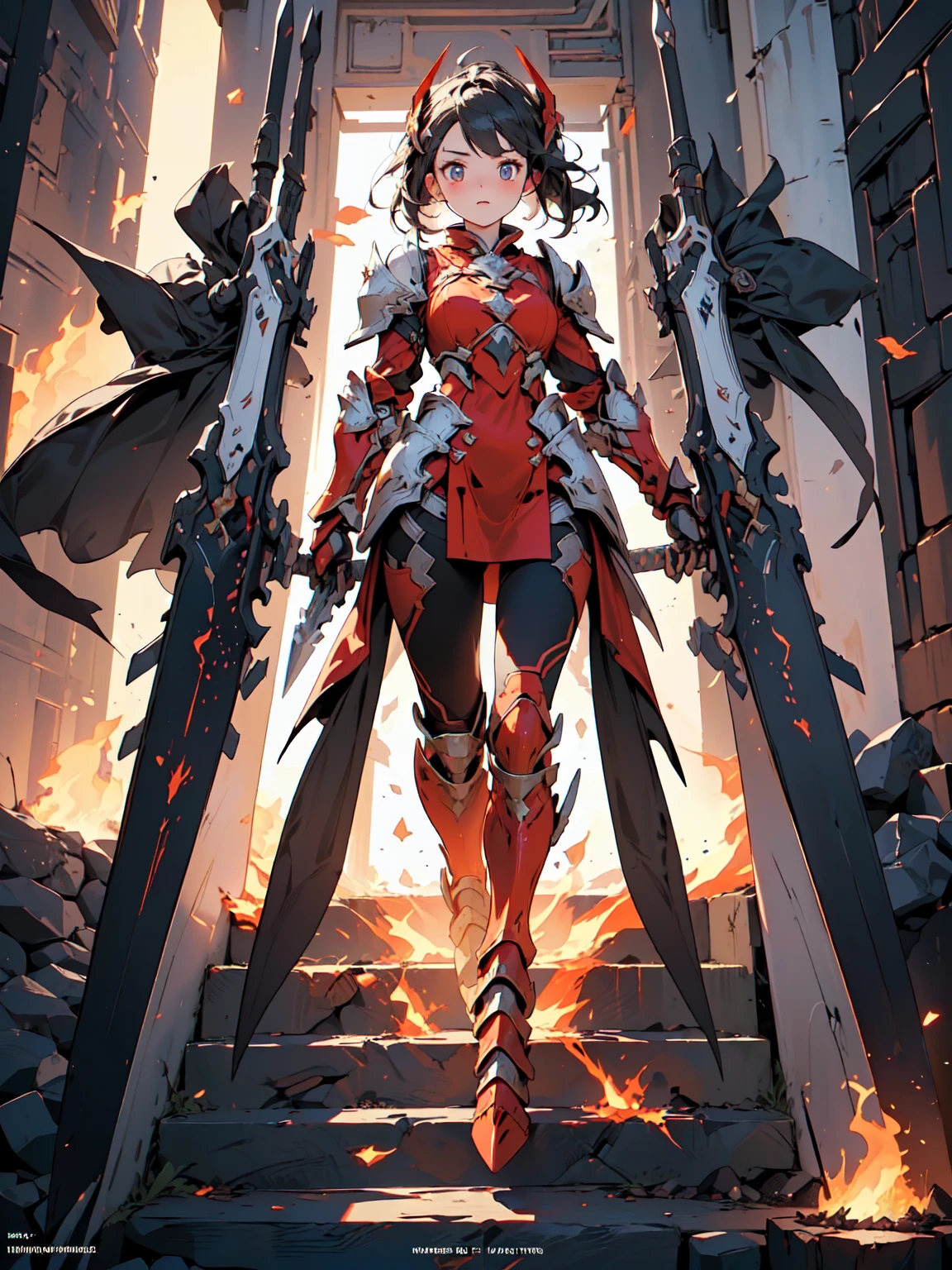 Design a layout showcase Gaming character, (1girl). Gold+Red clothes, fiery and majestic, ((showcase weapon:1.4)), flame whip, (masterpiece:1.2), (best quality), 4k, ultra-detailed, (Step by step design, layout art:1.5), (flaming lighting, fiery setting), fire mage, ((flame gloves)), (((revealing armor:1.3))), flame vambraces, fireproof boots, (((full_body_shot:1.4)))