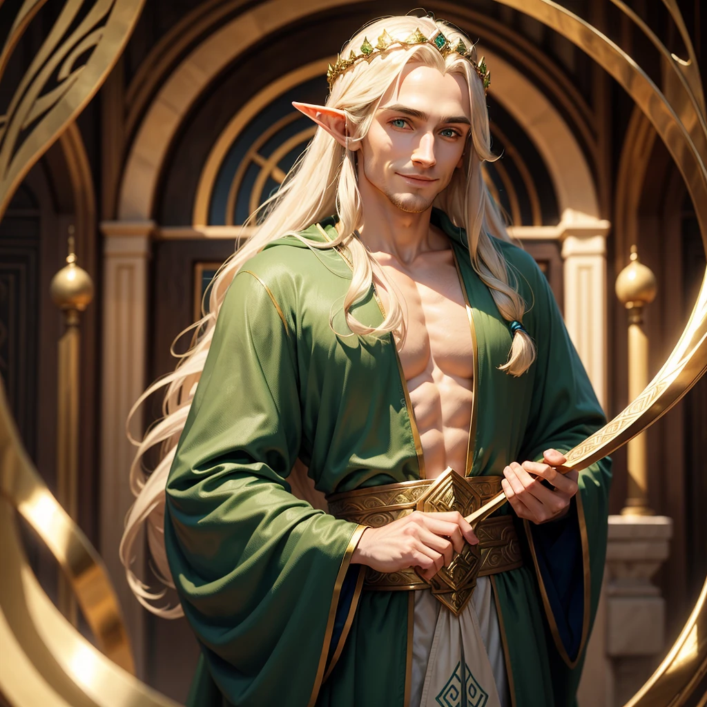 man, elf, almond-shaped green eyes, graceful facial features, Diadem, silk long blue robes, long golden hair, A wise look, smile, Lord of the Rings, Celtic god