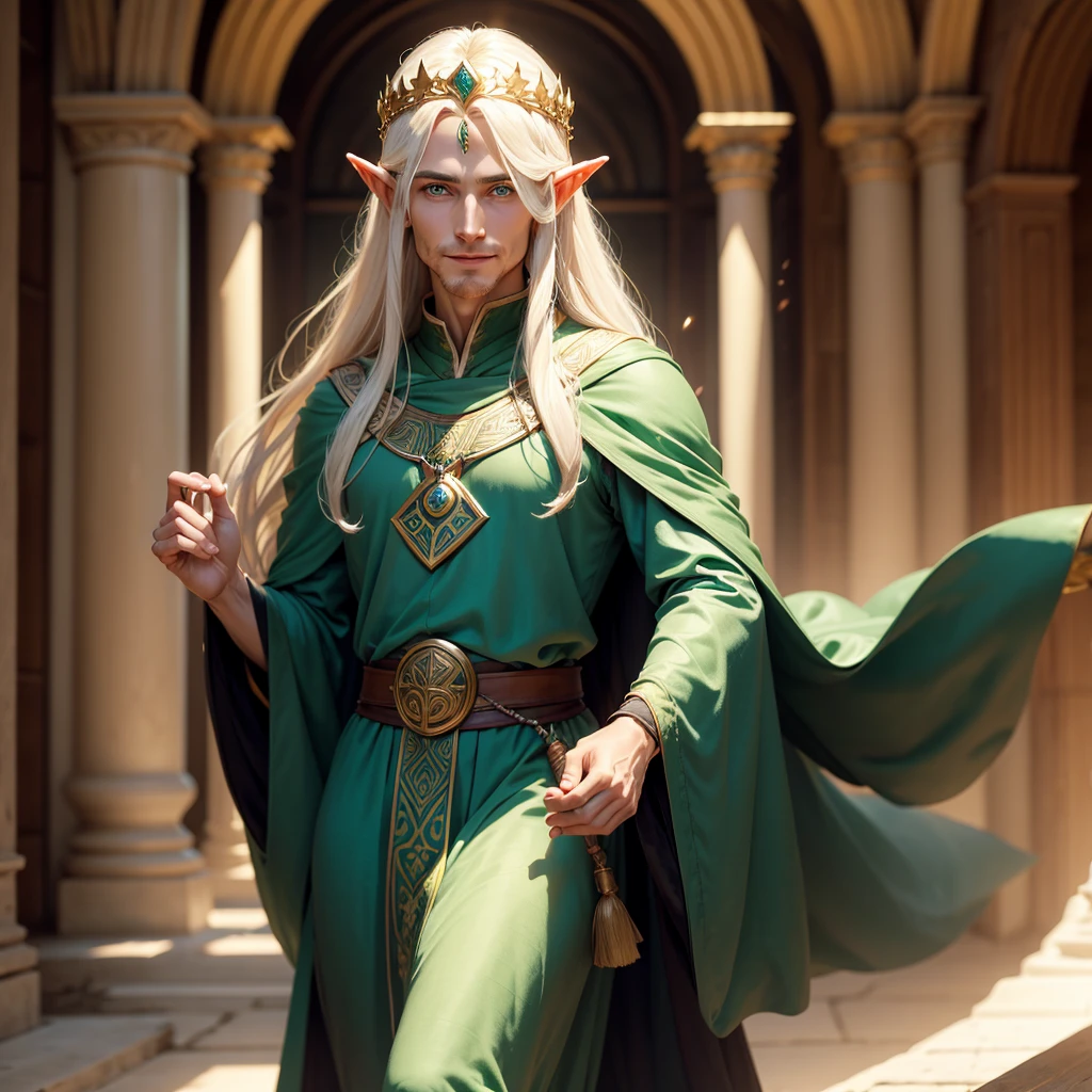 man, elf, almond-shaped green eyes, graceful facial features, Diadem, silk long blue robes, long golden hair, A wise look, smile, Lord of the Rings, Celtic god