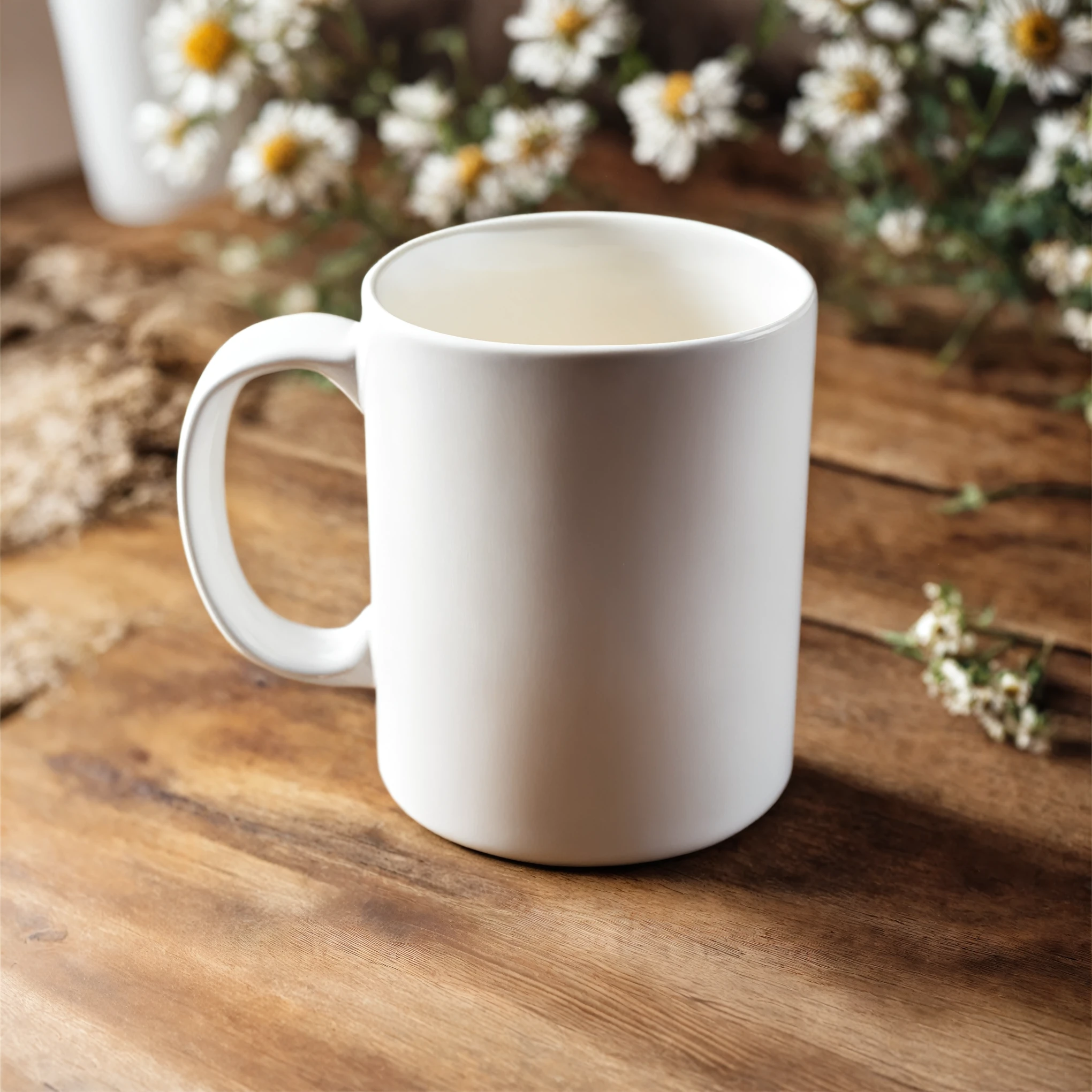 Mockup empty, a blank, white, empty white ceramic mug standing on a table, product presentation, wooden table in a cottagecore environment, british country style, blurry background, earthy colors, flowers on the table, daylight