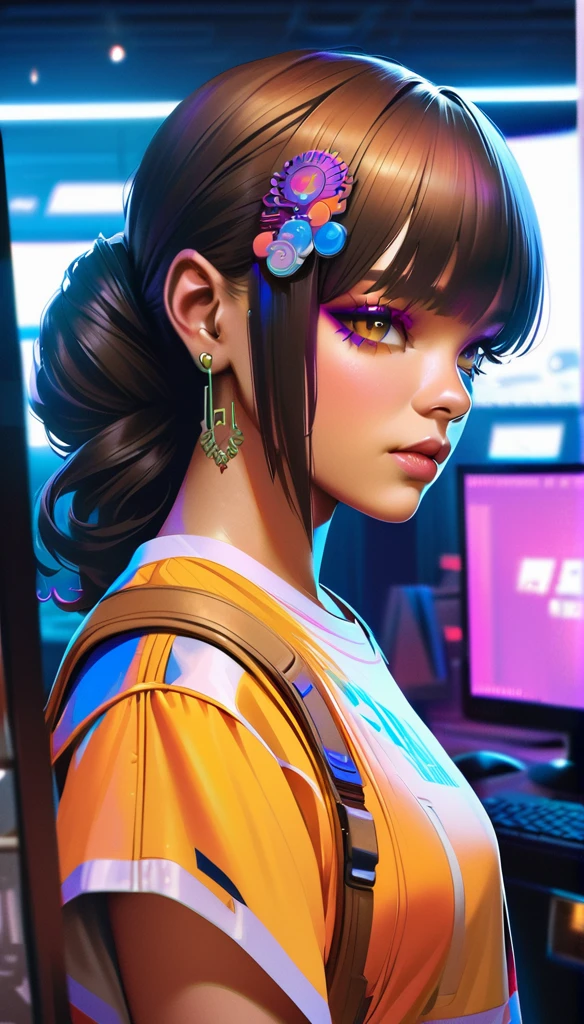 cyberpunk woman, pale skin, pawg, Bronx t-shirt, intricate cyberpunk outfit, bold colors, patterns, eye-catching accessories, trendy hairstyle, (best quality,4k,8k,highres,masterpiece:1.2),ultra-detailed,(realistic,photorealistic,photo-realistic:1.37),dramatic lighting,cinematic,digital art,concept art