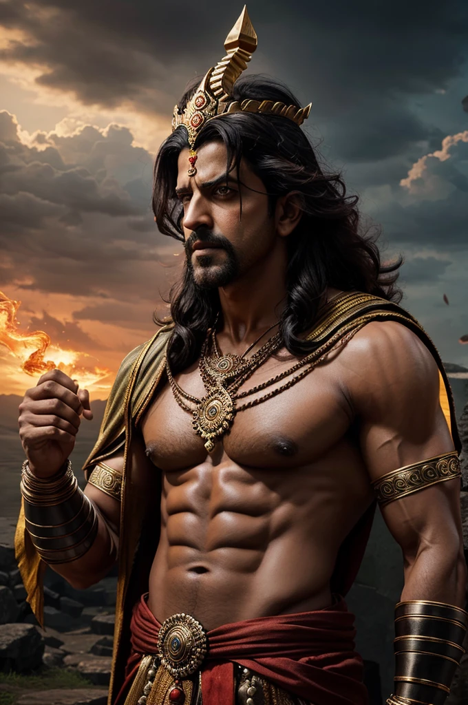 Create an illustration of Hrithik Roshan, reimagined as Ravan from the Ramayana. He should have a powerful and regal presence, adorned with traditional Ravan attire, including a crown with multiple heads and intricate armor. The setting should be dramatic, with a dark, stormy background, and a sense of epic grandeur. His expression should be fierce and commanding, embodying the strength and complexity of Ravan