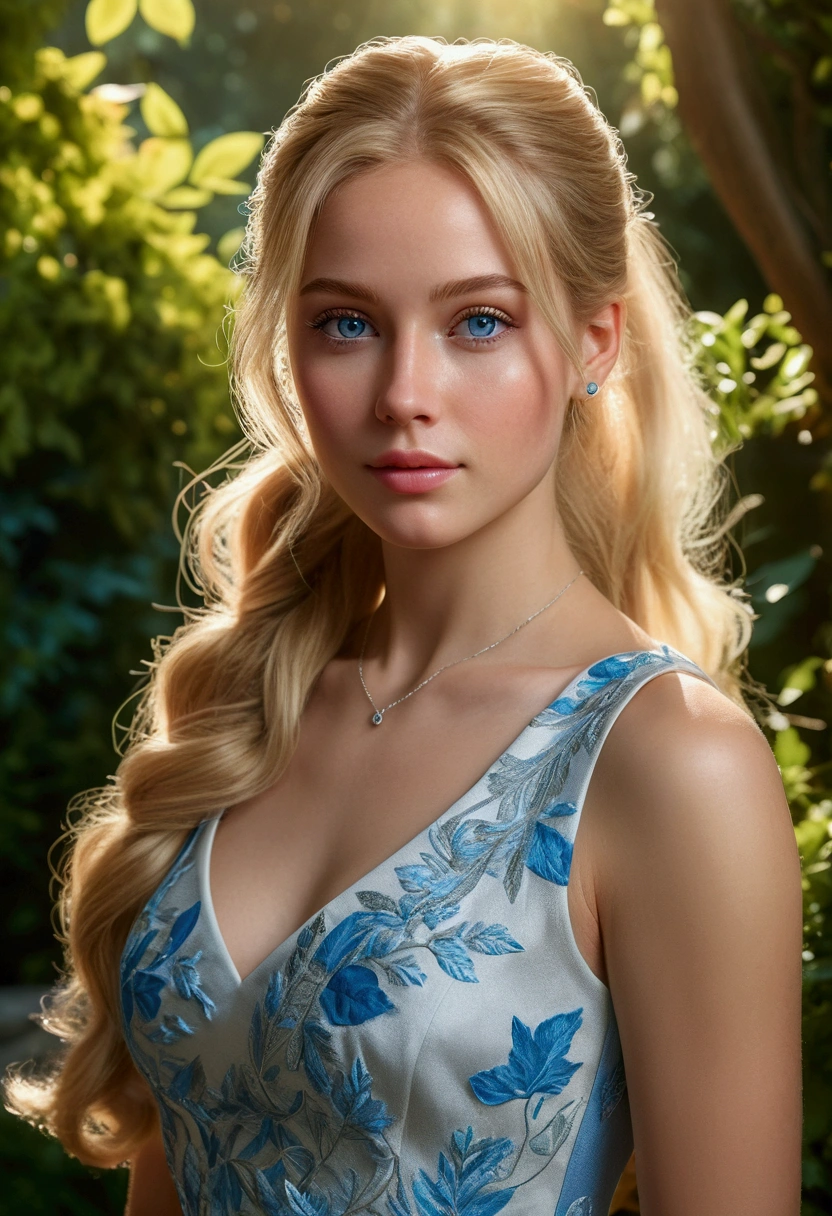 A beautiful girl with long flowing blonde hair in a ponytail, piercing blue eyes, detailed facial features, elegant expression, wearing a graceful dress, standing in a serene garden with lush foliage, sunlight filtering through the leaves, creating a warm and dreamlike atmosphere, (best quality,4k,8k,highres,masterpiece:1.2),ultra-detailed,(realistic,photorealistic,photo-realistic:1.37),detailed portrait,highly detailed face, delicate skin texture, cinematic lighting, vibrant colors, ethereal