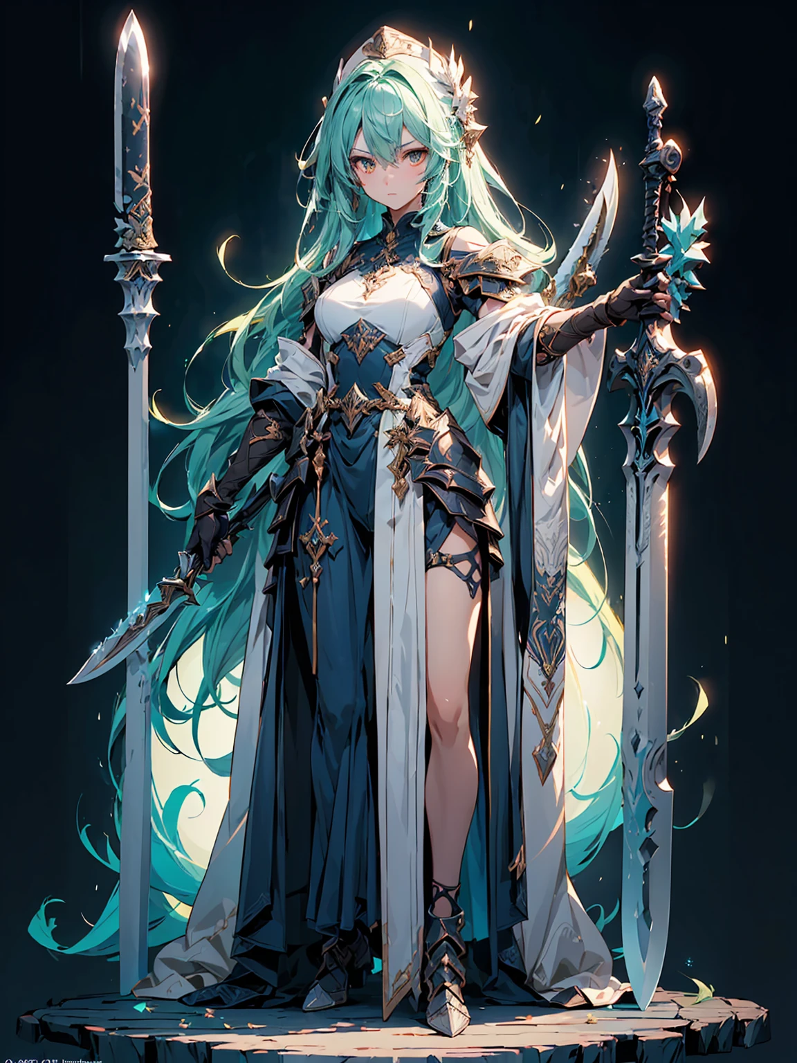 Design a layout showcase Gaming character, (1girl). Golden+Purle clothes, stylish and unique, ((showcase weapon:1.4)), magic staff, (masterpiece:1.2), (best quality), 4k, ultra-detailed, (Step by step design, layout art:1.5), (luminous lighting, atmospheric lighting), magican, ((glove full hands)), (((revealing clothes:1.3))), vambraces, armored legwear, (((full_body_shot:1.4)))