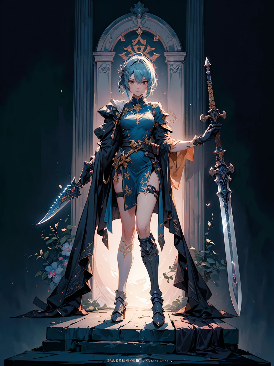 Design a layout showcase Gaming character, (1girl). Golden+Purle clothes, stylish and unique, ((showcase weapon:1.4)), magic staff, (masterpiece:1.2), (best quality), 4k, ultra-detailed, (Step by step design, layout art:1.5), (luminous lighting, atmospheric lighting), magican, ((glove full hands)), (((revealing clothes:1.3))), vambraces, armored legwear, (((full_body_shot:1.4)))