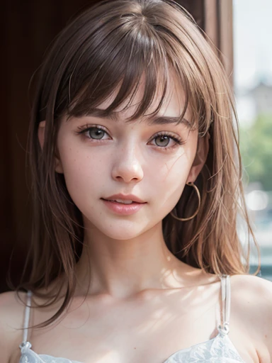 ((Russian woman))、Very sleepy face、face so tired:1.2、open mouth、Narrowed eyes:1.1、Raw photography, (((Very beautiful portrait))), 1girl in,  12 year old girl, ((Natural brown hair)), [Brown-eyed],Gentle smile staring at the camera、((​masterpiece, top-quality, ultra-detailliert, intricate detailes, hight resolution, 8K, ighly detailed)), detailedbackground, hightquality,  Shallow depth of field, face perfect、A detailed eye、White teeth:1.1、tiny chest、((flat chest:1.3))、skinny thigh