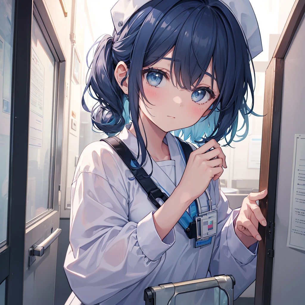 nursing aide,one girl,solo,blue or white scrubs,not wearing a hat or cap, frame it up to the top of the head, The top of my head doesn't come out of the frame,Facing forward.