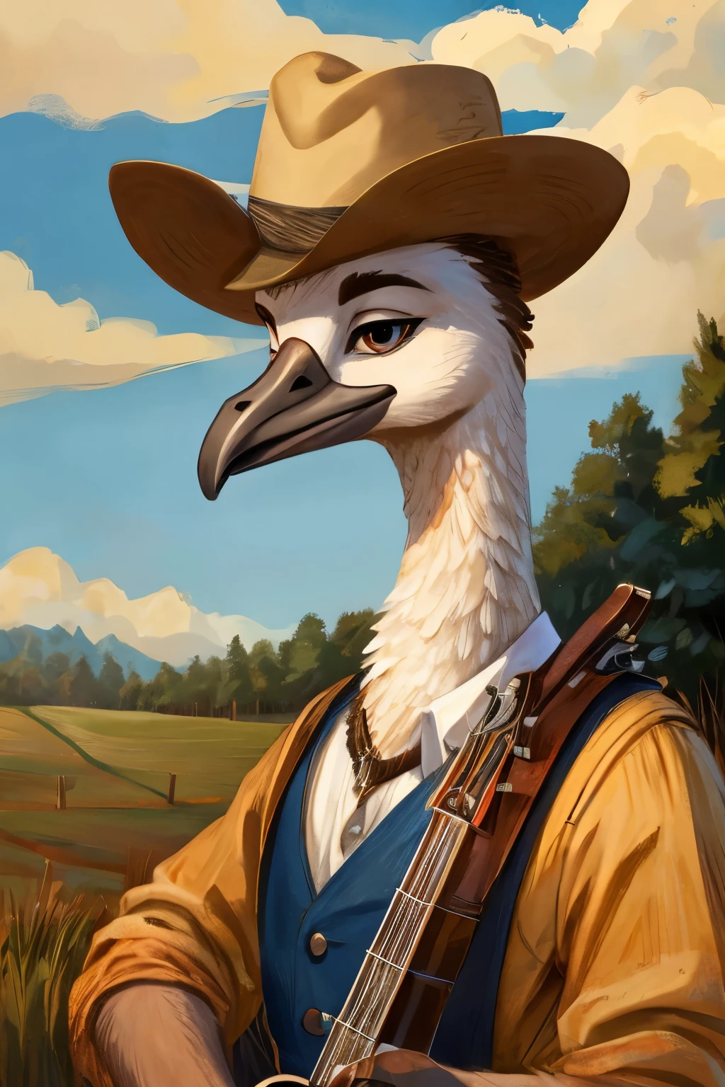 portrait of a fur-colored ostrich animal, showing only the upper body with a country hat head, in a country setting, with banjo musical instrument