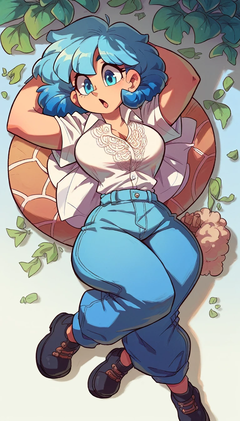 a cute hawaiian girl beautiful beautiful attraction big chest light blue hair short round wearing shell hair her bright blue eye she wears a white shirt yellow lace thread and her skirt blue pants long black heel
