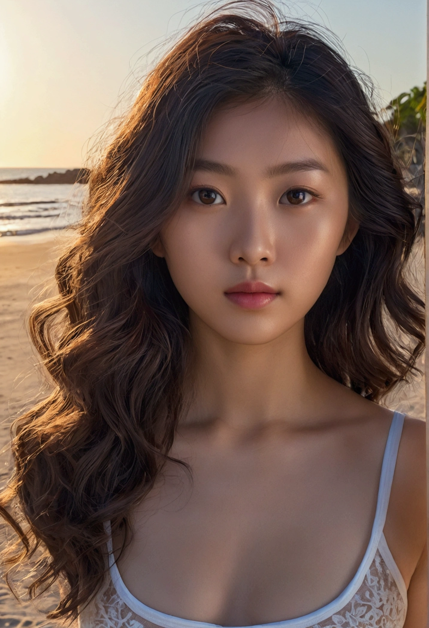 Photo du corps entier d’une fille asiatique magnifique, toute nu, very heavy bust, wavy hair, next to the beach, tropical beach, lever du soleil, Regarde la caméra, symmetrical eyes, symmetrical face, Photorealistic, Filmmaker, Tracking&#39;itinerary, specular lighting, Volumetric light for the face, Hair path, visible shadows, complexe, Elaborate, hyper realistic