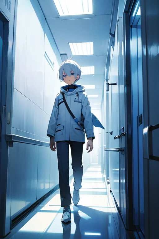 White hair-blue eyes boy,walking down the hallway of his, spacecraft, Calm and serene 