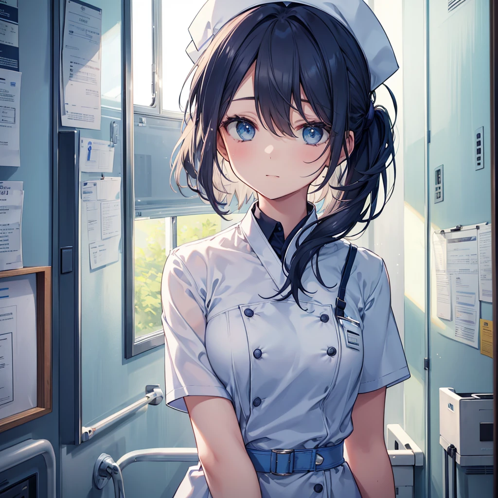 nursing aide,one girl,solo,blue or white scrubs,not wearing a hat or cap, frame it up to the top of the head, The top of my head doesn't come out of the frame,Facing forward.