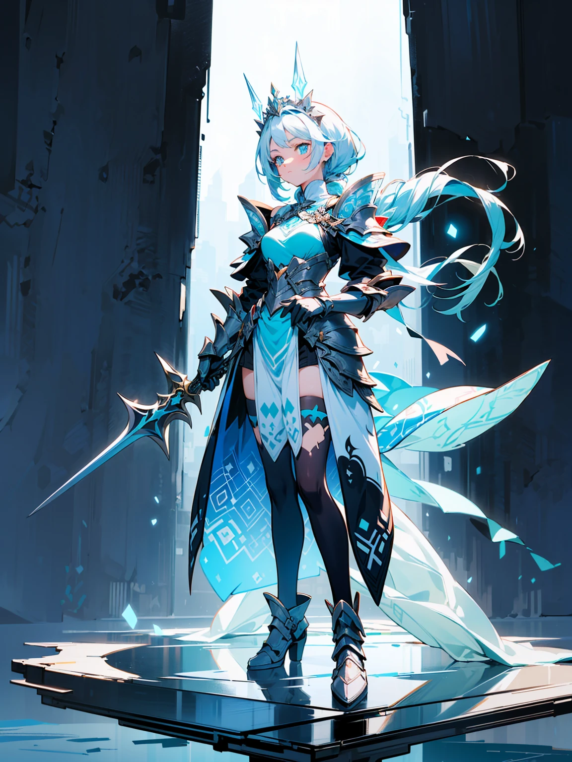 (((masterpiece, best quality, high detailed, 8k))) Design a layout showcase Gaming character, (1girl). Blue+White clothes, stylish and unique. ((showcase weapon:1.4)), ice spear. (masterpiece:1.2), (best quality), 4k, ultra-detailed. (Step by step design, layout art:1.5), (luminous lighting, atmospheric lighting). ice queen, ((glove full hands)), (((revealing clothes:1.3))), vambraces, armored legwear, (((full_body_shot:1.4))). {On a frozen lake}.