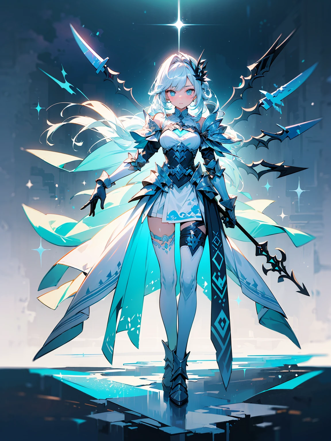 (((masterpiece, best quality, high detailed, 8k))) Design a layout showcase Gaming character, (1girl). Blue+White clothes, stylish and unique. ((showcase weapon:1.4)), ice spear. (masterpiece:1.2), (best quality), 4k, ultra-detailed. (Step by step design, layout art:1.5), (luminous lighting, atmospheric lighting). ice queen, ((glove full hands)), (((revealing clothes:1.3))), vambraces, armored legwear, (((full_body_shot:1.4))). {On a frozen lake}.