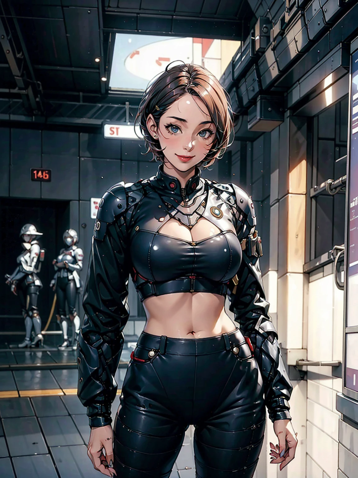 163 Short Hair,  (20-year-old woman, Are standing), Surreal, A kind smile, SF Cool Suit, (lipstick), Futuristic fighter, light, lunp, shining, neon, sparking, 
