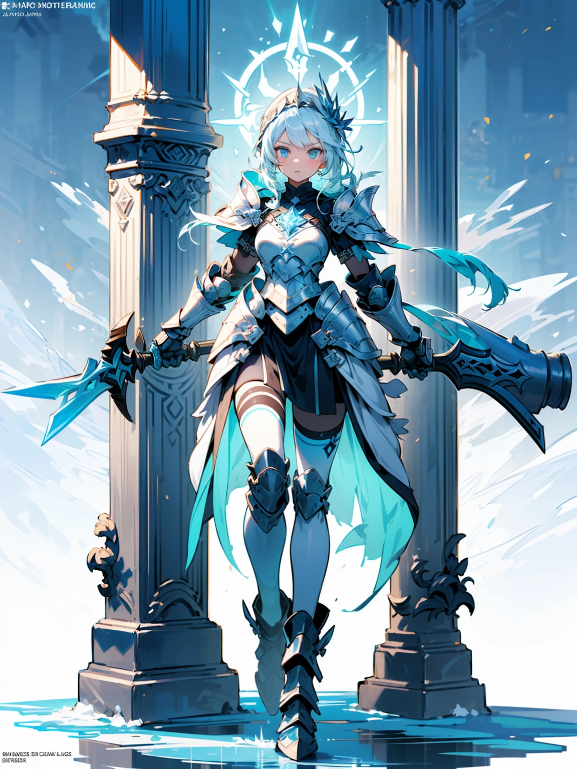 (((masterpiece, best quality, high detailed, 8k))) Design a layout showcase Gaming character, (1girl). Blue+White armor, stylish and unique. ((showcase weapon:1.4)), ice spear. (masterpiece:1.2), (best quality), 4k, ultra-detailed. (Step by step design, layout art:1.5), (luminous lighting, atmospheric lighting). ice queen, ((glove full hands)), (((revealing armor:1.3))), vambraces, armored legwear, (((full_body_shot:1.4))). {On a frozen lake}.