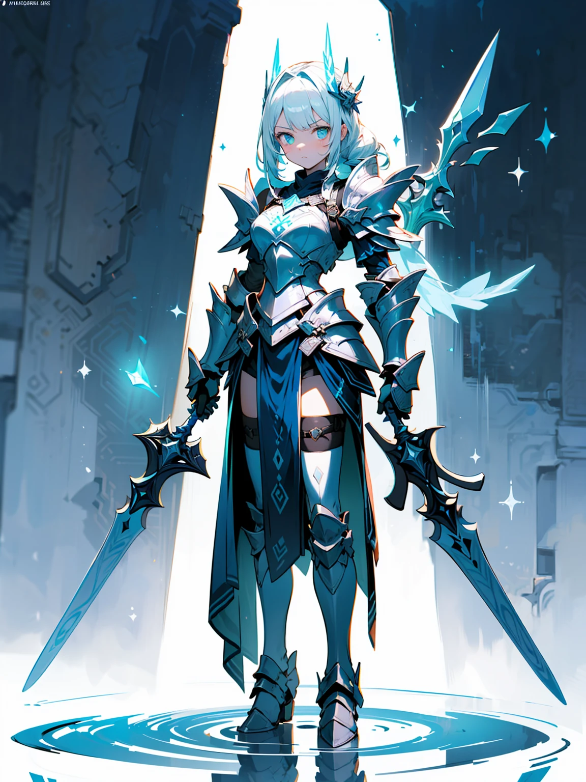 (((masterpiece, best quality, high detailed, 8k))) Design a layout showcase Gaming character, (1girl). Blue+White armor, stylish and unique. ((showcase weapon:1.4)), ice spear. (masterpiece:1.2), (best quality), 4k, ultra-detailed. (Step by step design, layout art:1.5), (luminous lighting, atmospheric lighting). ice queen, ((glove full hands)), (((revealing armor:1.3))), vambraces, armored legwear, (((full_body_shot:1.4))). {On a frozen lake}.