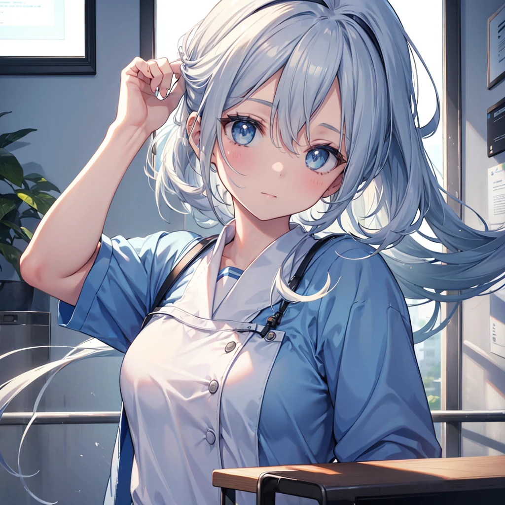 Kizi,Kamisato_Ayaka,white shirt,Black wrapped hip skirt,Dusk sunset,Inside the office,Leaning against the table,ssmile,Place your hands behind your back