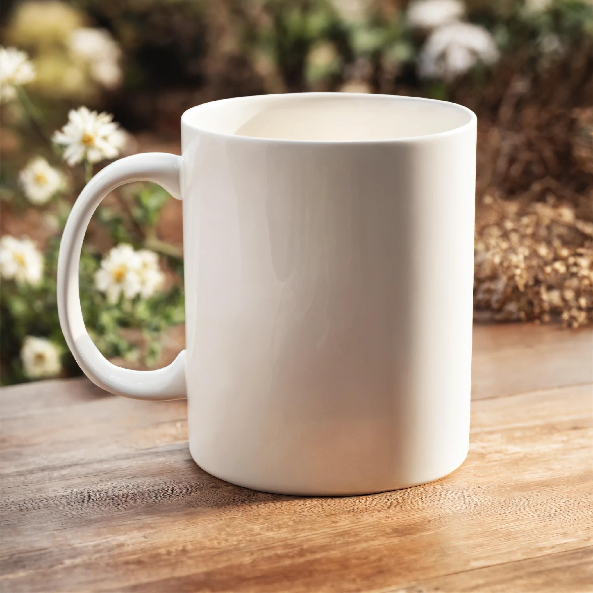 Mockup empty, a blank, white, empty white ceramic mug standing on a table, product presentation, wooden table in a cottagecore environment, british country style, blurry background, earthy colors, flowers on the table, daylight