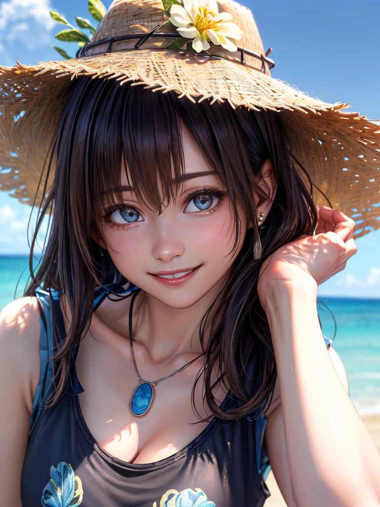 Hyper-realistic ,  en bikini azul, de frente, sentada, piernas abiertas, vagina y piernas visibles,  1 girl in, 8k hdr, High dynamic contrast,  Aspect Ratio 16:9, cinematography lighting,  paisaje surrealista de fondo, formato png.