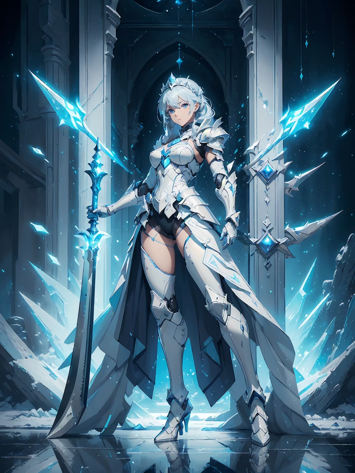 (((masterpiece, best quality, high detailed, 8k))) Design a layout showcase Gaming character, (1girl). Blue+White armor, stylish and unique. ((showcase weapon:1.4)), ice spear. (masterpiece:1.2), (best quality), 4k, ultra-detailed. (Step by step design, layout art:1.5), (luminous lighting, atmospheric lighting). ice queen, ((glove full hands)), (((revealing armor:1.3))), vambraces, armored legwear, (((full_body_shot:1.4))). {On a frozen lake}.