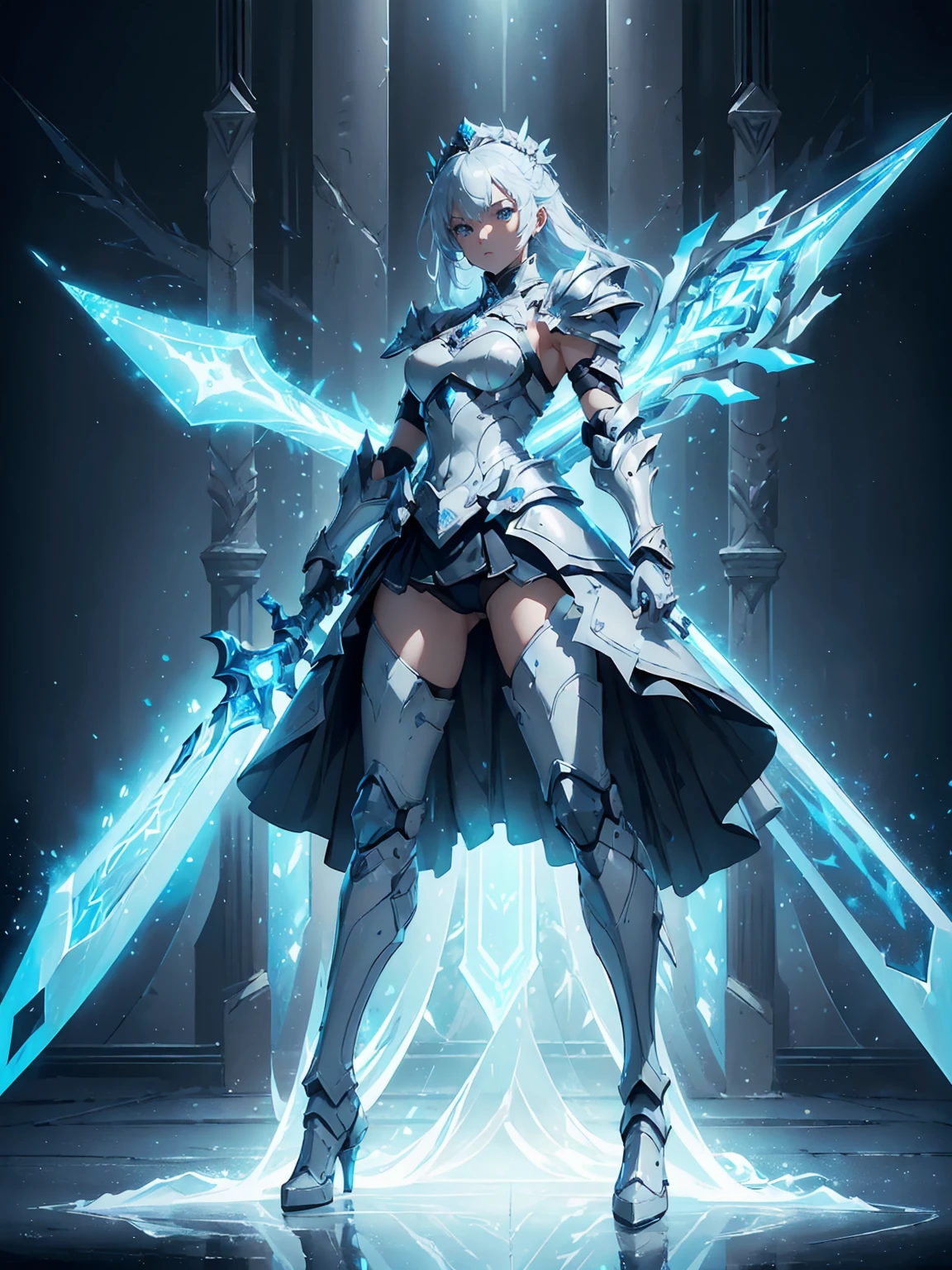 (((masterpiece, best quality, high detailed, 8k))) Design a layout showcase Gaming character, (1girl). Blue+White armor, stylish and unique. ((showcase weapon:1.4)), ice spear. (masterpiece:1.2), (best quality), 4k, ultra-detailed. (Step by step design, layout art:1.5), (luminous lighting, atmospheric lighting). ice queen, ((glove full hands)), (((revealing armor:1.3))), vambraces, armored legwear, (((full_body_shot:1.4))). {On a frozen lake}.