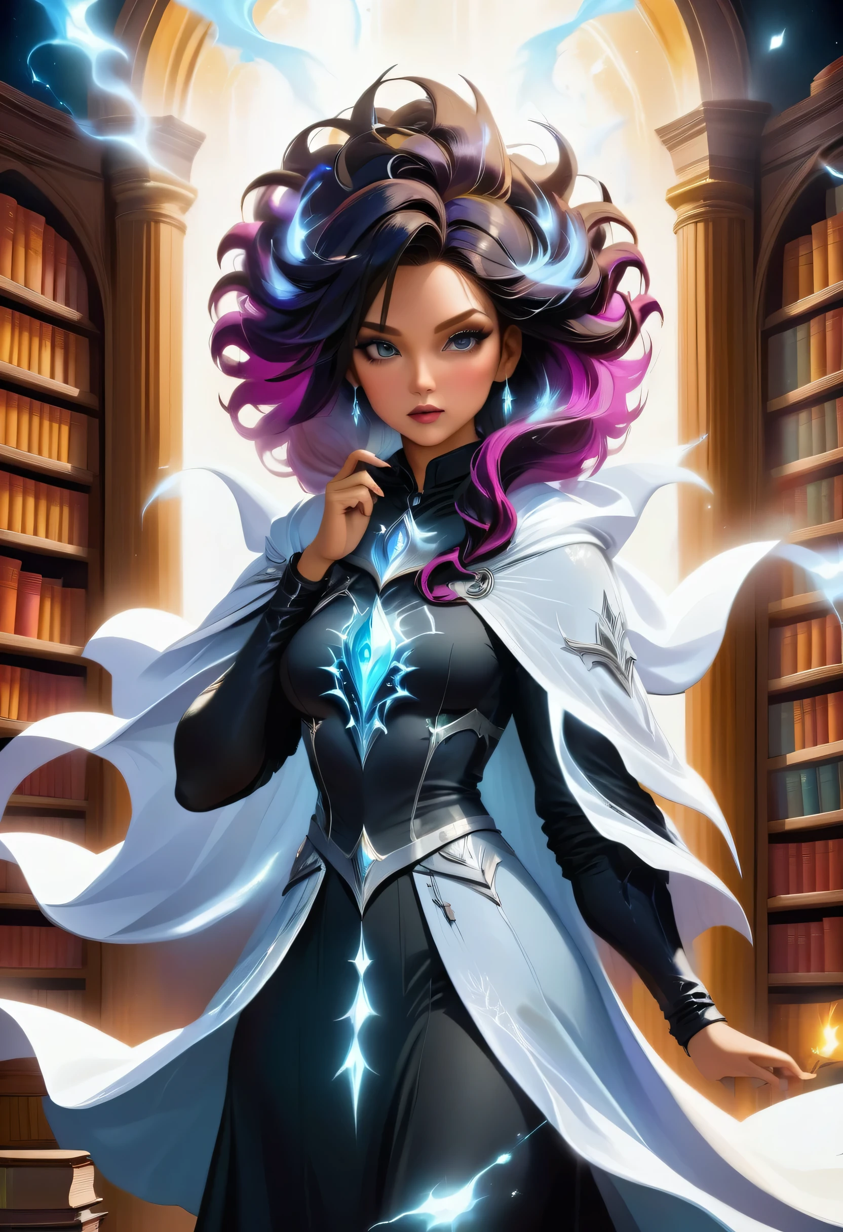 a masterwork picture of a sorceress casting a spell in magical library, exquisite beautiful woman, dynamic hair color, dynamic hair style, ((full body shot: 1.5)), ((anatomically correct: 1.5)),  (ultra detailed face: 1.2), best detailed face,  high details, best quality, 16k,  (long black dress: 1.2), (white cloak: 1.3), high heeled boots (ultra details, Masterpiece, best quality) masterpiece, best quality, (extremely detailed), full body, ultra wide shot, (ultra details, Masterpiece, best quality), fantasy art, dnd art,fantasy art, realistic art,  (ultra details, Masterpiece, best quality), (ultra details, Masterpiece, best quality), LightningMagicAI, Hyperrealism style, rpg portrait
photograph