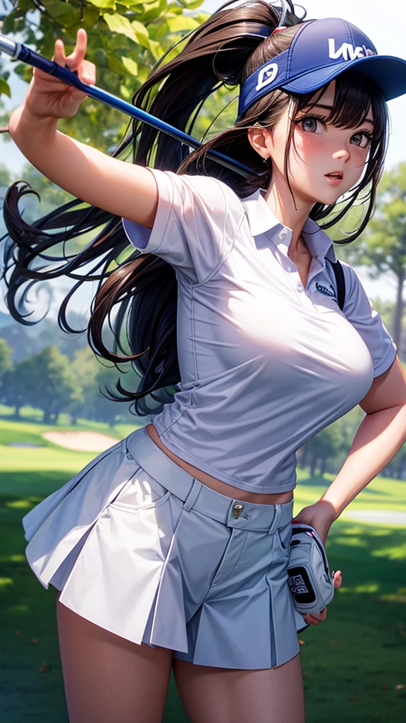 (4K,masterpiece,best quality,ultra detailed),(from front,cowboy shot:),(daytime,daylight),(golf wear,mini pleated skirt skirt:1.3),(wind lift,pale pink panties,panty shot),(golf course),looking viewer,(solo),(fullpage of beautiful women), japanese,(teenage),(long hair,silky hair,straight hair,black hair),(beautiful detailed face,beautiful detailed eyes,finely detailed skin,beautiful medium breast,beautiful hips,fair skin),slender,light smile,