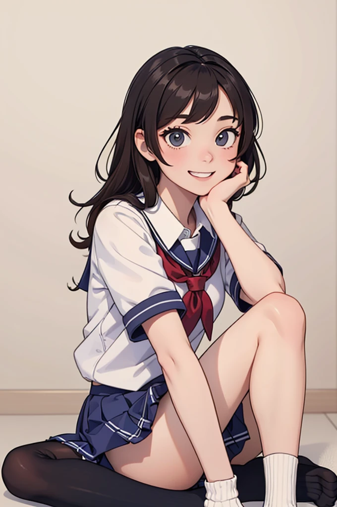 (((masterpiece, best quality, ultra highres, 1 girl, solo, no background))), super detailed skin and face and eyes and finger, young delicate girl, cute girl, very cute japanese woman, small breasts:1.5, skinny, light brown hair, white background, very short pixie hair, cowboy shot, Generate with illustrations, Various expressions, Various poses, Please draw the entire character within the frame, ensuring that the head, arms, and legs are not cut off. The background should be simple, with the character positioned centrally, outline, anime, 2d, boyish, (School uniform: 1.5), Baggy socks, (Beautiful thighs: 1.0),belly:1.2, spread legs, smile showing teeth, white panties, Cross-legged sitting,