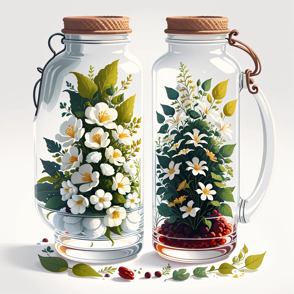 Rich in color, White background, flatillustration,danish design, 4 flat illustrations, UI/ux,Glass jars filled with flowering plants, Highly detailed, Digital art, Super realistic